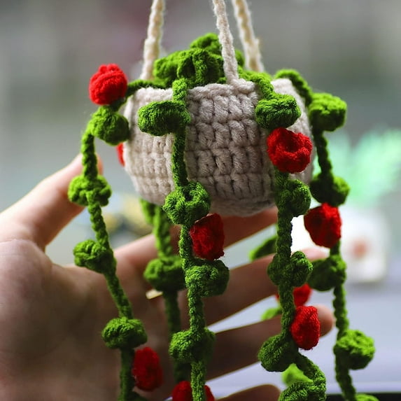 Cute Crochet Plant Car Mirror Hanging Accessories,Triani Handmade Rear View Mirror Accessories for Women,Green Car Interior Aesthetic Decor Truck Hanger Ornament Charm for Men