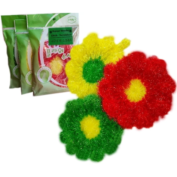 Cute Crochet Scrubbies Non Scratch Scouring Pad Reusable Sponge Scrubber Handmade Knitted Dishcloths Net Kitchen Cleaning Scrub Pads for Washing Dishes Pots Pans 3 Pack