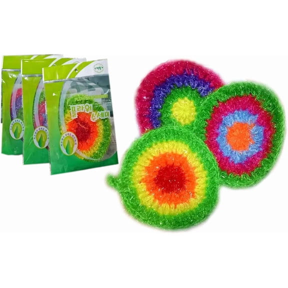 Cute Crochet Scrubbies Non Scratch Scouring Pad Reusable Sponge Scrubber Handmade Knitted Dishcloths Net Kitchen Cleaning Scrub Pads for Washing Dishes Pots Pans 3 Pack