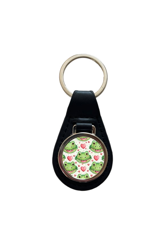Cute Crocodile Alligator Faces Hearts Metal Black Leather Keychain
