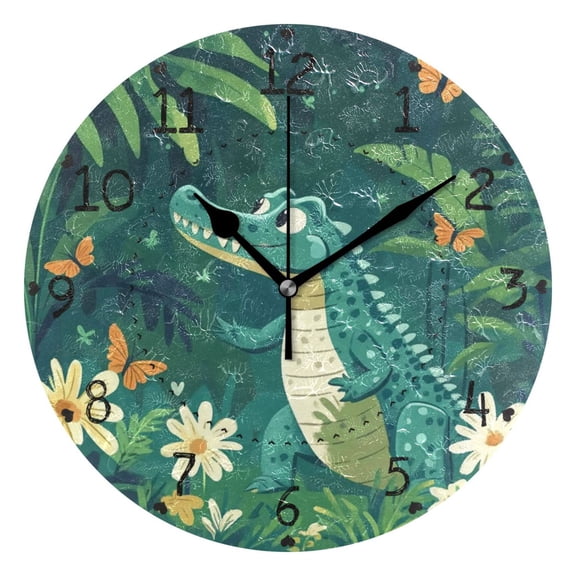 Cute Crocodile Round Wall Clock Silent Battery Operated Home Decor for Living Room Bedroom