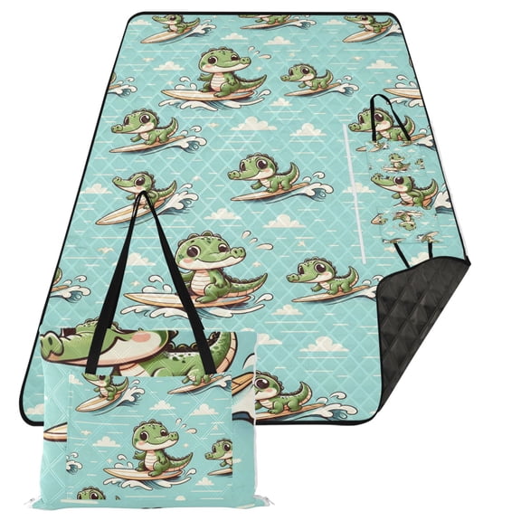 Cute Crocodile Surfing Extra Large Picnic Beach Blanket Waterproof Sand Proof Portable Outdoor Mat 80x118