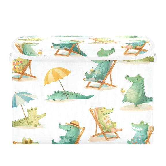 Cute Crocodiles Sunbathing on Beach Chairs Foldable Storage Bins with Lids Handles Collapsible Storage Containers Tote Boxes 16.5 x 12.6 x 11.8 inches