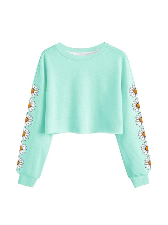 Cute Crop Sweatshirts for Women Daisy Floral Printed Teen Girls Long Sleeve Crewneck Pullover Tops Lightweight (2XL, Mint Green|Daisy)
