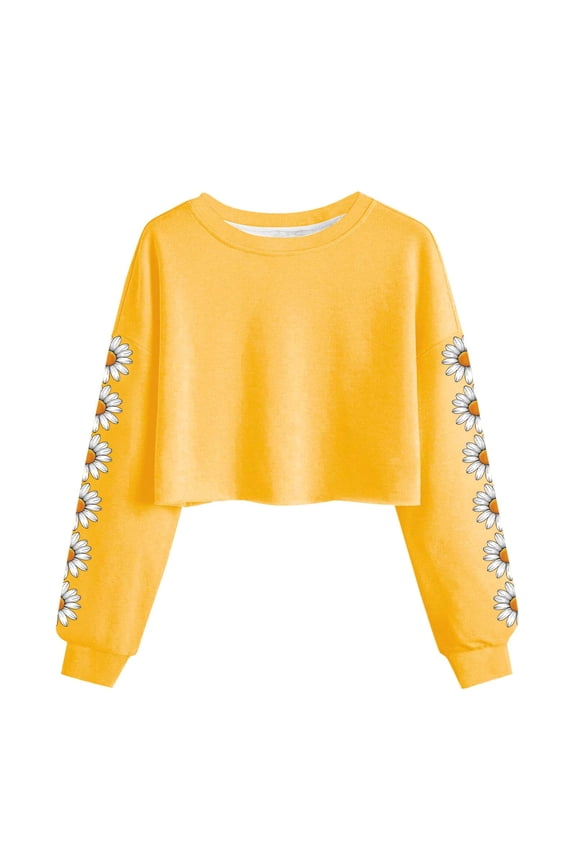 Cute Crop Sweatshirts for Women Daisy Floral Printed Teen Girls Long Sleeve Crewneck Pullover Tops Lightweight (2XL, Yellow|Daisy)