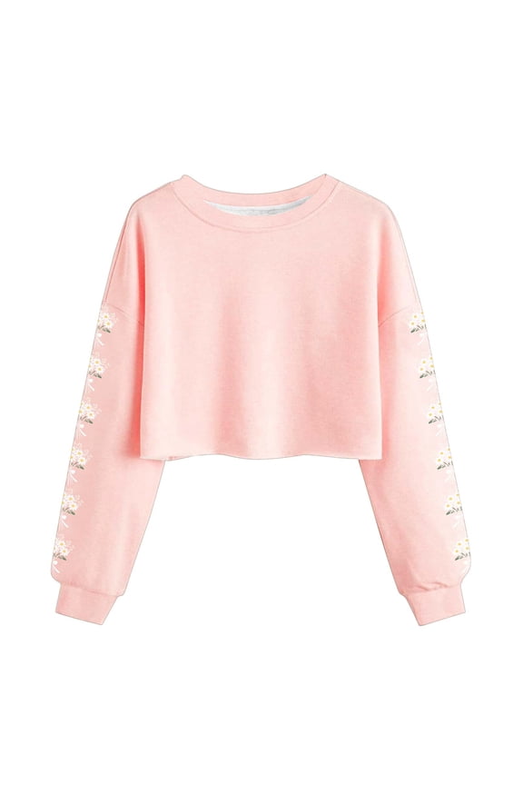 Cute Crop Sweatshirts for Women Daisy Floral Printed Teen Girls Long Sleeve Crewneck Pullover Tops Lightweight (M, Pink)