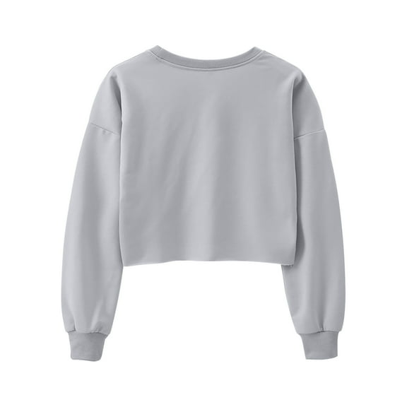 Cute Crop Tops for Women Solid Color Fashion Crew Neck Long Sleeve Loose Pullover Sweatshirts Spring Fall Cozy Outfits(Gray,S)