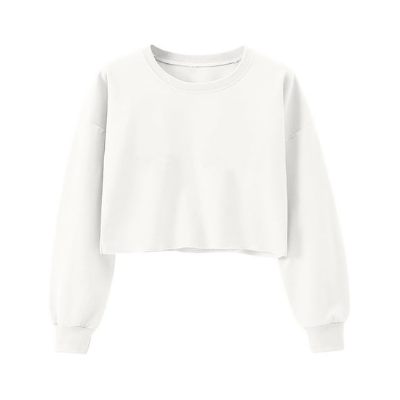 Cute Crop Tops for Women Solid Color Fashion Crew Neck Long Sleeve Loose Pullover Sweatshirts Spring Fall Cozy Outfits(White,S)
