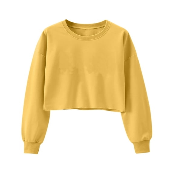 Cute Crop Tops for Women Solid Color Fashion Crew Neck Long Sleeve Loose Pullover Sweatshirts Spring Fall Cozy Outfits(Yellow,S)