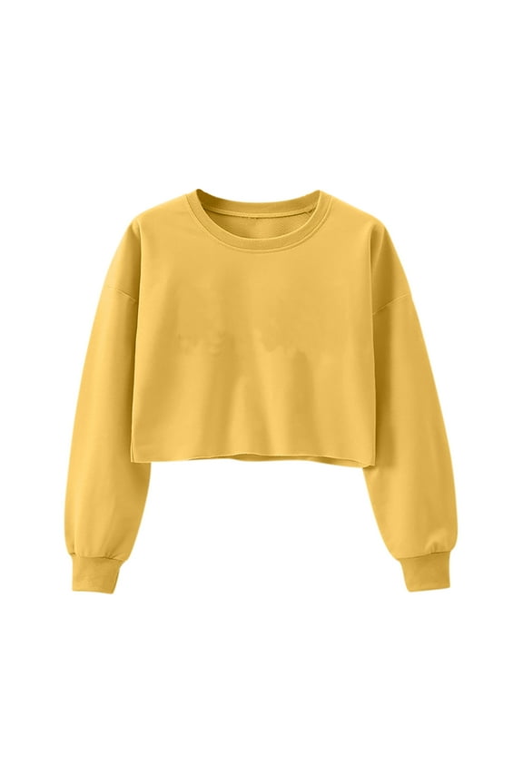 Cute Crop Tops for Women Solid Color Fashion Crew Neck Long Sleeve Loose Pullover Sweatshirts Spring Fall Cozy Outfits(Yellow,S)