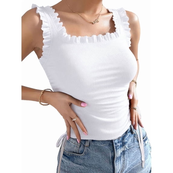 Cute Crop Tops for Women Tank Tops Ribbed Ruffle Strap Square Neck Womens Trendy Going Out Preppy Tops White M