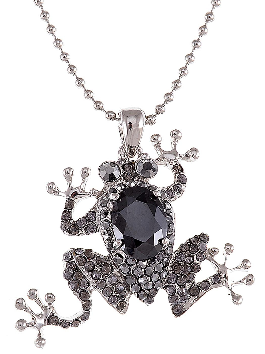 Cute Crystal and Jet Rhinestone Frog Necklace Pendant