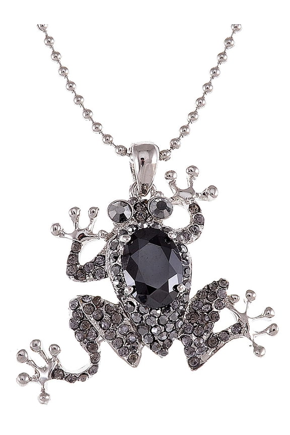 Cute Crystal and Jet Rhinestone Frog Necklace Pendant