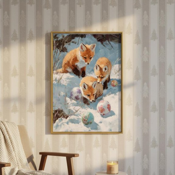 Cute Cub Foxes Playing With Decorations Print | Winter Animal Artwork | Festivewall Decor, Stretched Canvas Size 16x24
