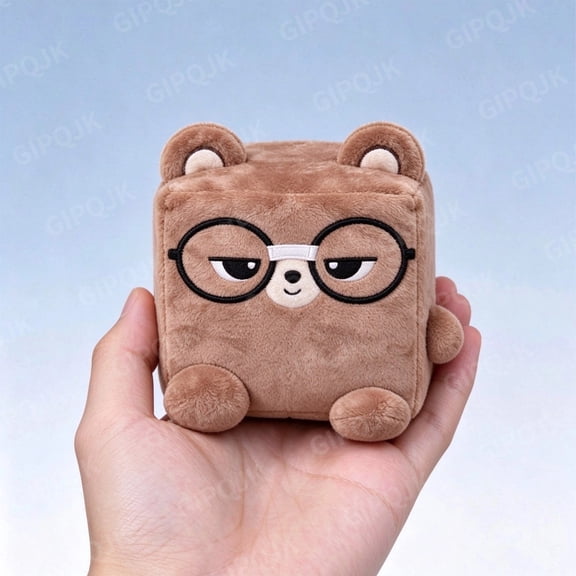 Cute Cube Square Stress Relief Plush Toy, 4 Inch Squeeze Plushie with Grumpy Glasses Face, Soft Stuffed Fidget Toy for Desk Decor, Birthday and Holiday Gift, Bear