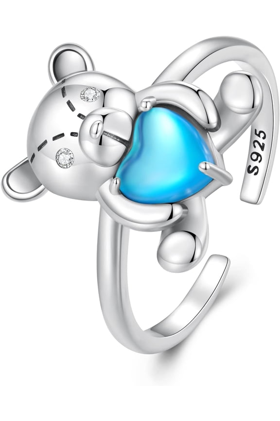 Cute Cuddle Bear Open Statement Rings 925 Sterling Silver Blue Crystal Heart Eternity Ring Engagement Promise Rings Adjustable Finger Band Dainty Jewelry Gifts Daughter Birthday
