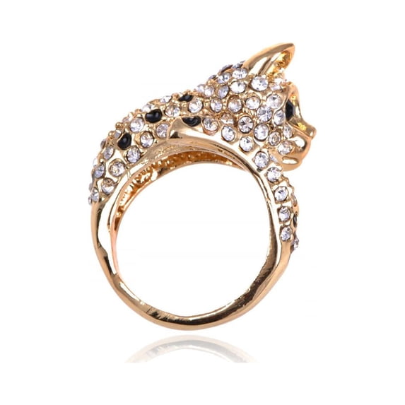 Cute Cunning Face Golden Tone Leopard Clear Crystal Rhinestone Ring Size 6 7 8 9