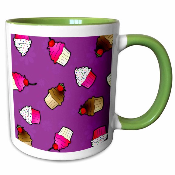 3drose, Cute Cupcake Print Pink and Chocolate on Purple, 15oz Two-tone Green Mug