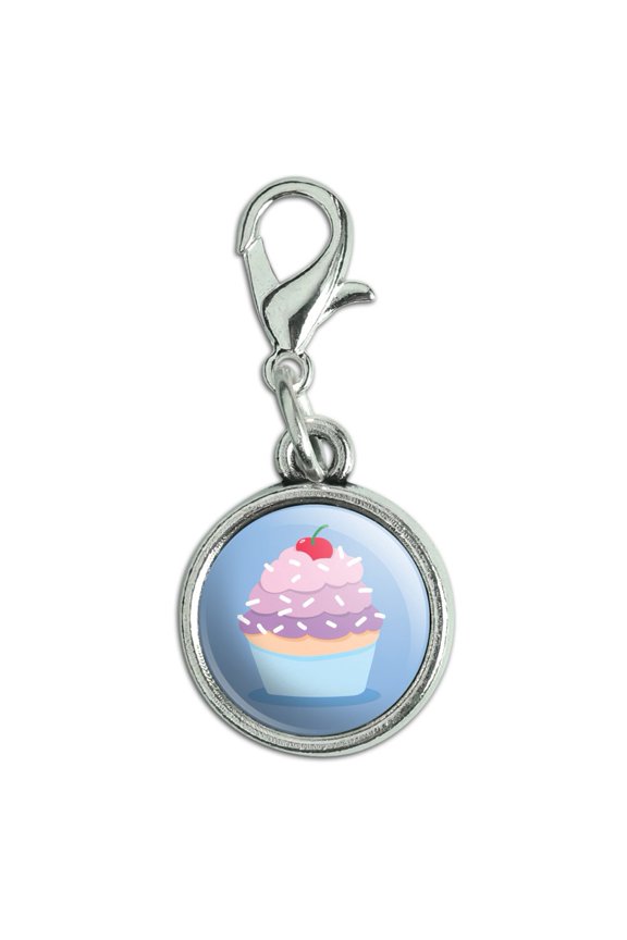 Cute Cupcake Vanilla Cherry with Sprinkles Antiqued Bracelet Pendant Zipper Pull Charm with Lobster Clasp