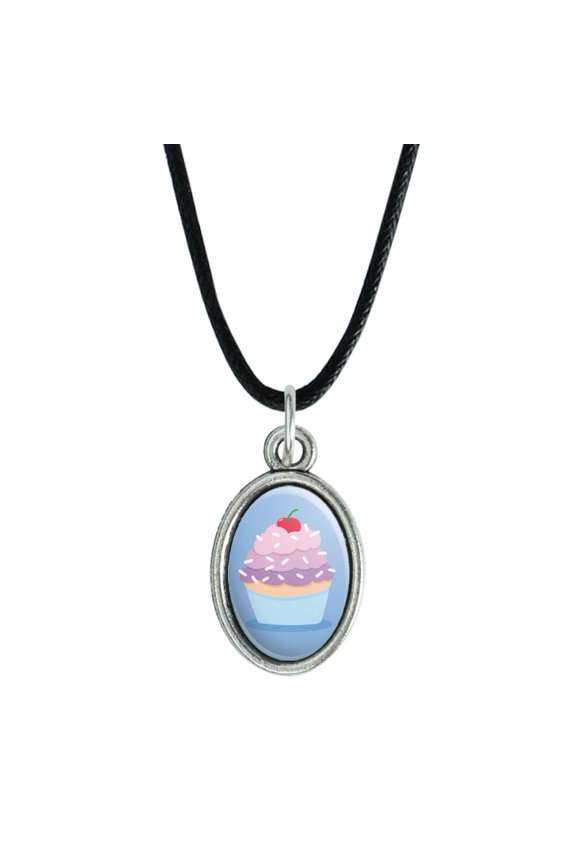 Cute Cupcake Vanilla Cherry with Sprinkles Antiqued Oval Charm Pendant with Black Satin Cord