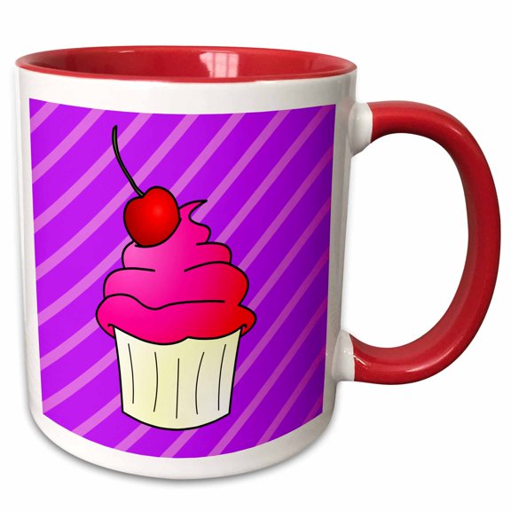 3drose, Cute Cupcake with Cherry Topper - Kawaii Cakes - Purple Stripe, 11oz Two-tone Red Mug