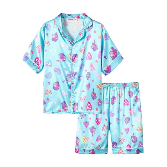 Topgal Cute Cupcake and Colorful Heart Pajamas for Girls – Satin Silky Short Sleeve Button Down PJ Set Size 12