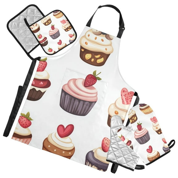 Cute Cupcakes Cartoon Apron Set with Oven Mitts Pot Holders Set of 5 Kitchen Stuff Accessories