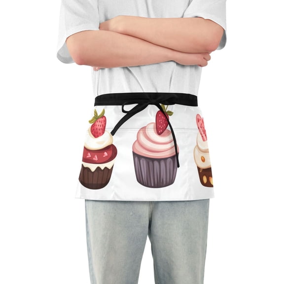 Cute Cupcakes Cartoon Short Server Apron with 3 Pockets for Unisex Chef Gardening