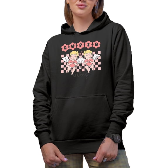 Cute Cupid Vibes, Retro Valentine's Day Gift, Black Hooded Sweatshirt or Hoodie, Medium