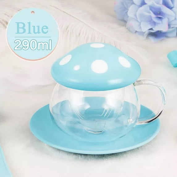 Cute Cups Mushroom Tea Cup with Infuser and Lid, Kawaii Glass Tea Cups and Saucers, 290ML Mushroom Mugs with spoon, Present for Christmas, Perfect for Girls Women for Home and Office Use 9.6oz (Blue)