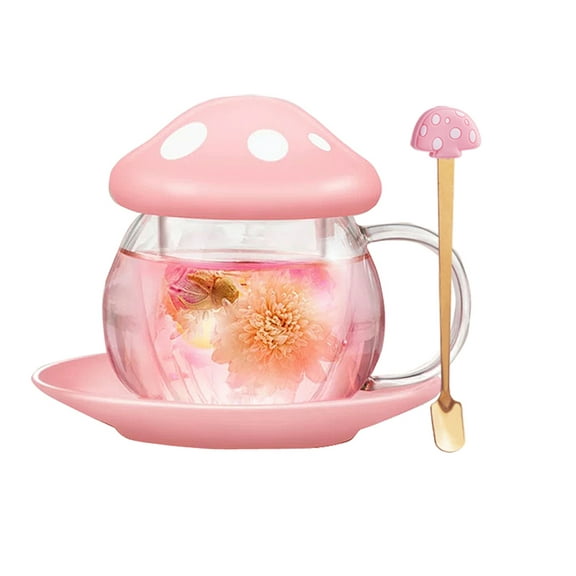 Cute Cups Mushroom Tea Cup with Tea Infuser and Spoon, Kawaii Mushroom Mugs, Glass Teacups with Ceramic Lid and Coaster, Christmas Gift Perfect for Girls Women for Home Office Use 290ML/9.6oz (Pink)