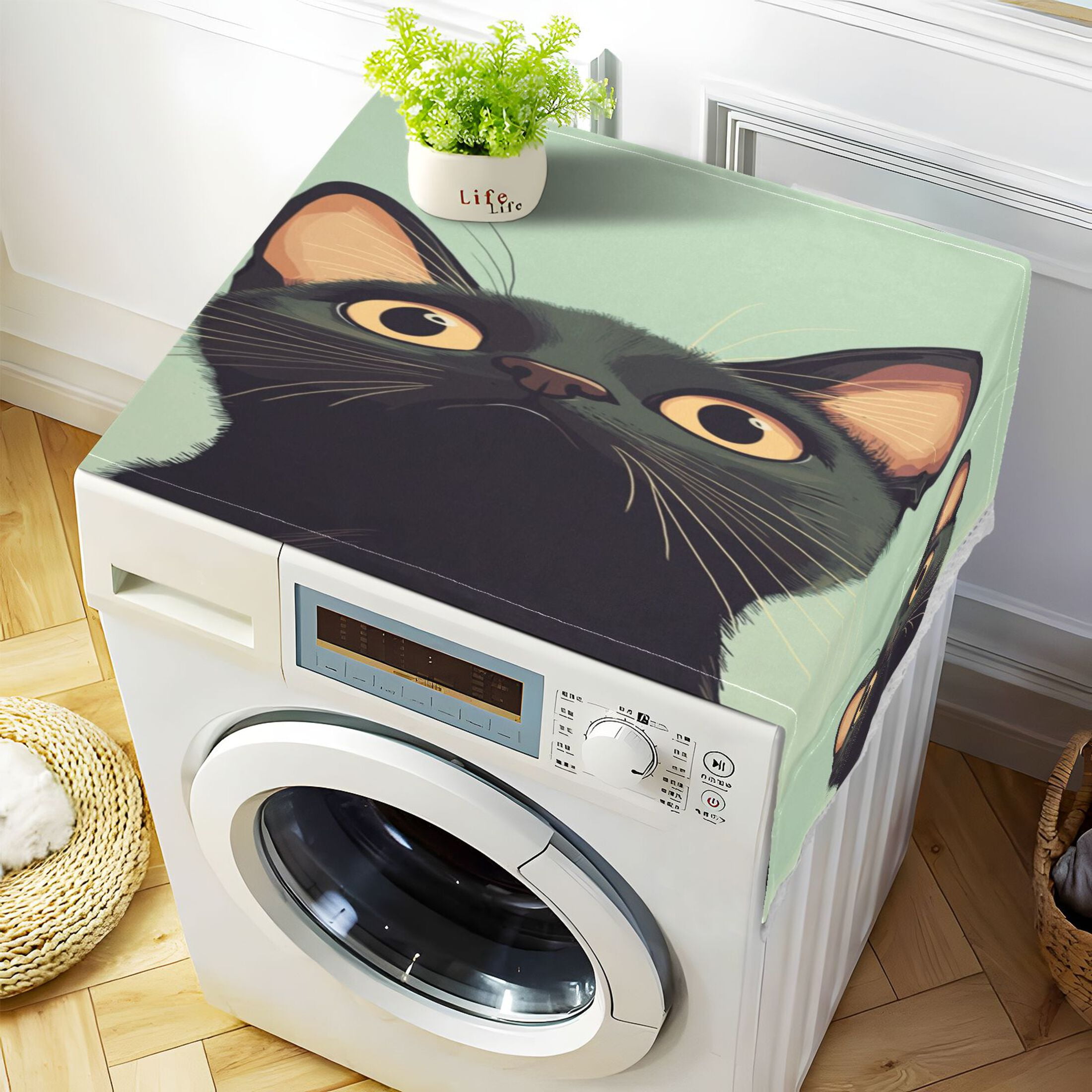 Cute Curious CatWasher and Dryer Covers Dust-Proof and Oil Resistant Fridge Cover with 4 Storage Pockets Washing Machine Top Cover for Laundry Kitchen Home 51.2 x 22 In