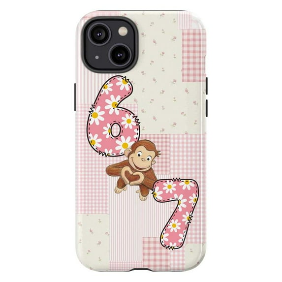 Cute Curious Monkey Phone Case with Numbers 67, Pink Floral Gingham Patchwork iPhone Cover, Playful Artistic Protective Case for iPhone 17 16 15 14 13 12 11 Plus Pro Max Mini