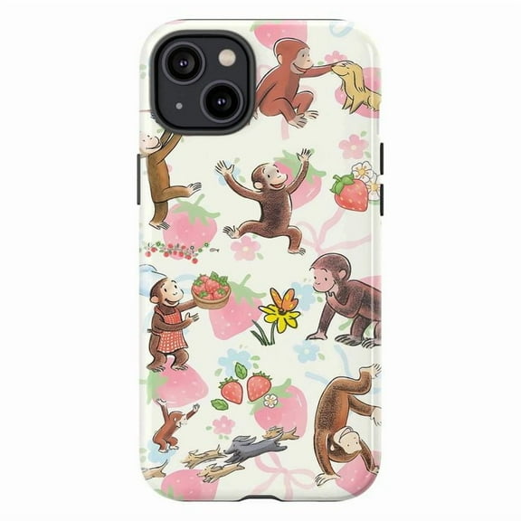 Cute Curious Monkey Strawberry Phone Case, Playful Cartoon Animal Fruit Flower Pattern iPhone Cover for iPhone 17 16 15 14 13 12 11 Pro Plus Mini