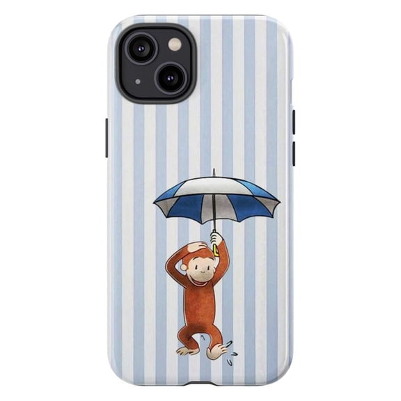 Cute Curious Monkey with Blue and White Umbrella Phone Case, Cartoon Striped iPhone Cover for iPhone 17 16 15 14 13 12 11 Plus Pro Max Mini