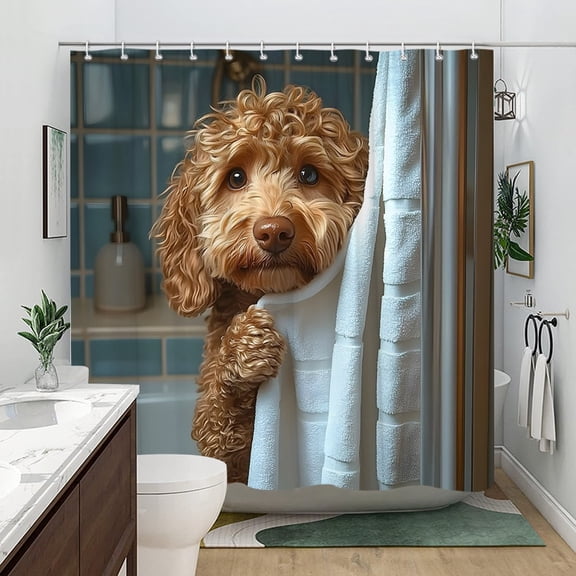 Cute Curly Golden Doodle Dog Peeking Towel Print Waterproof Fabric Shower Curtain With Hooks Dog Theme Bathroom Decor