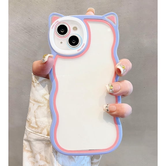 Cute Curly Wave Frame Case with 3D Cat Ears Clear Case for iPhone 13 6.1 inch, Pretty Shockproof TPU Bumper Case for Girl Women Non-Yellowing Case Clear Slim Cover - Pink Green