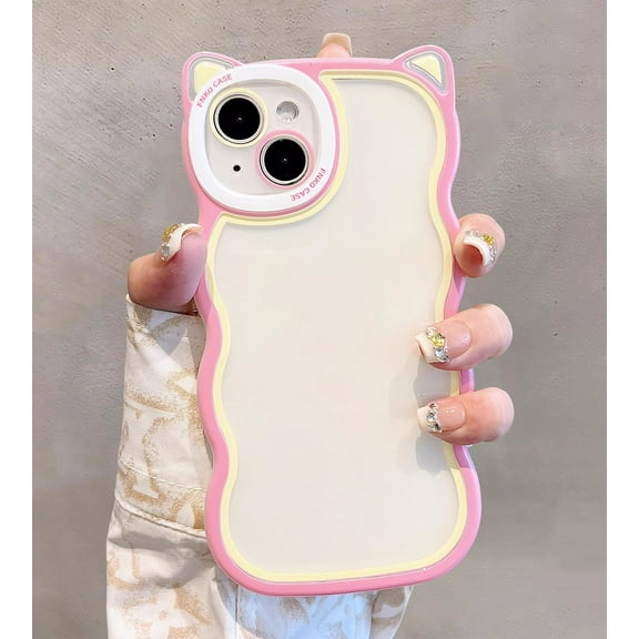 Cute Curly Wave Frame Case with 3D Cat Ears Clear Case for iPhone 13 6.1 inch, Pretty Shockproof TPU Bumper Case for Girl Women Non-Yellowing Case Clear Slim Cover - Pink Green