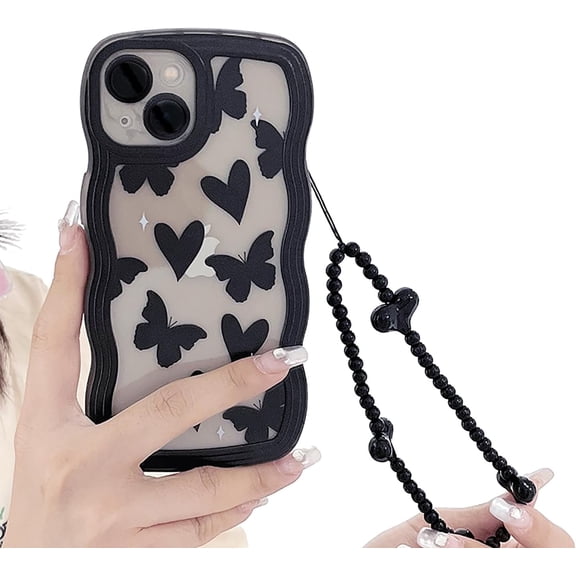 Cute Curly Wave Frame Shape Love Heart with Bracelet Clear Phone Case Compatible with iPhone Case (Clear,iPhone 15)