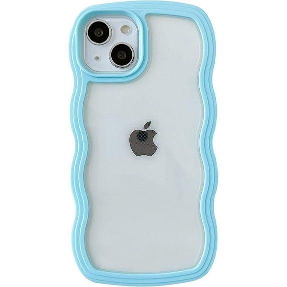 Cute Curly Wave Frame Shape Shockproof Soft Compatible with iPhone Case (Blue,iPhone 14)