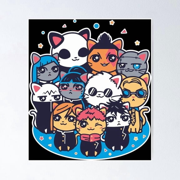 Cute Cursed Cat Anime Mashup Creative Pet Illustration Wall Art, Unframed Poster