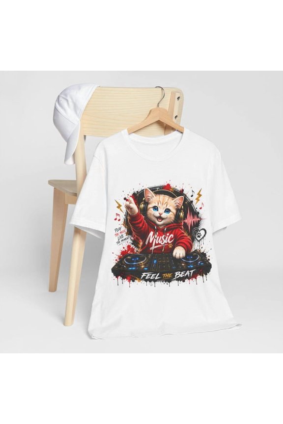 Cute DJ Cat Kitten Music Lover EDM Festival Feel The Beat Graphic Unisex Short-Sleeve T-Shirt Gift