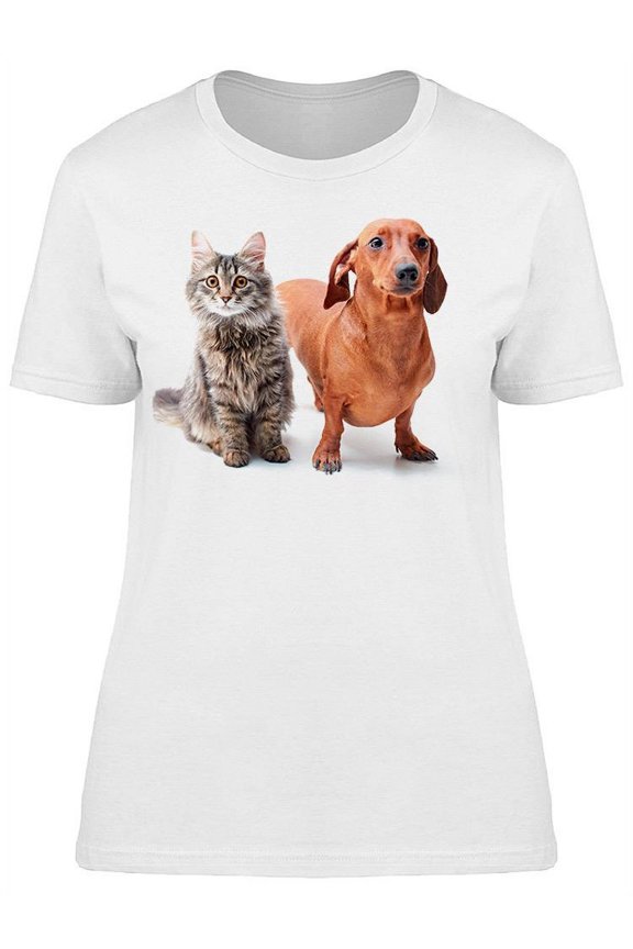 Cute Dachschund Dog And Cat T-Shirt Women -Image by Shutterstock, Female XX-Large