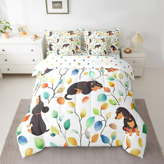 Cute Dachshund Bedding Full Size 7 Pieces Hippie Floral Comforter Set, Cartoon Dog Theme Bedding Comforter Sets Watercolor Leaves Bed in a Bag, Chic Flower Bedding Accessories