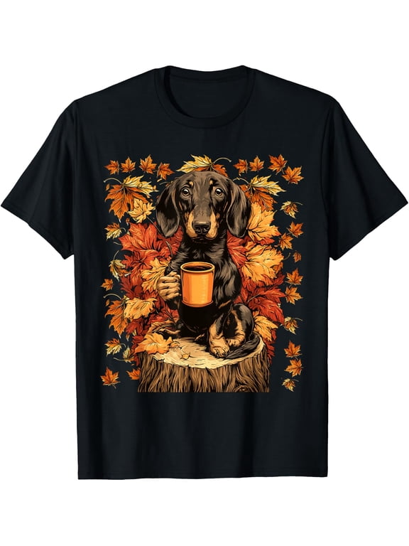 Cute Dachshund with Coffee and Fall Leaves Autumn Wiener Dog T-Shirt - Classic fall vibes shirt Unisex 100% Cotton T-Shirt Breathable Casual Everyday Wear Affordable Graphic Soft Cheap t shirts