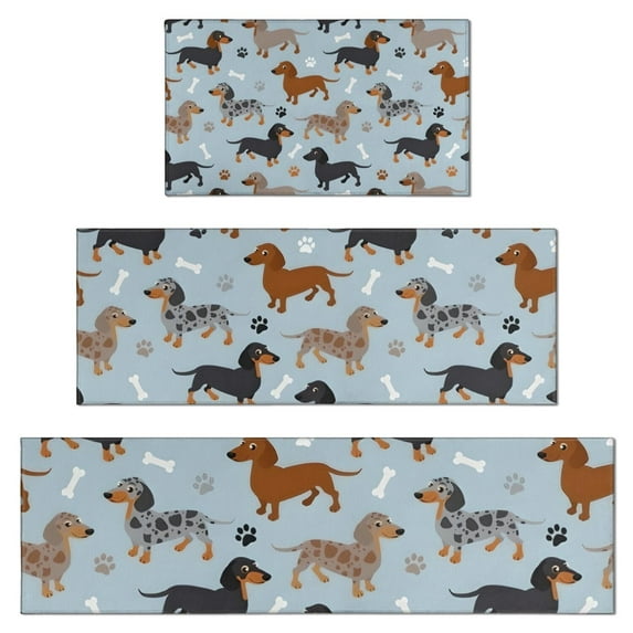 Cute Dachshund and Dog Footprint Kitchen Rugs Sets Of 3,Kitchen Runner Rugs Non Skid Washable,Decorative Kitchen Floor Mats for Kitchen,Sink,Laundry,17"x30"+ 17"x47" + 17"x59"