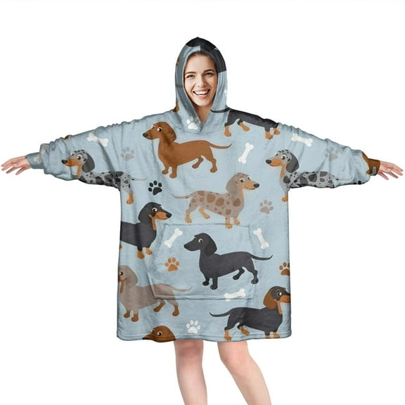 Cute Dachshund and Dog Footprint Wearable Oversized Blanket,Wearable Blanket Hoodie for Adults,Cozy Hooded Blankets with Super Pockets,Super Warm Fuzzy Pullover for Women & Men