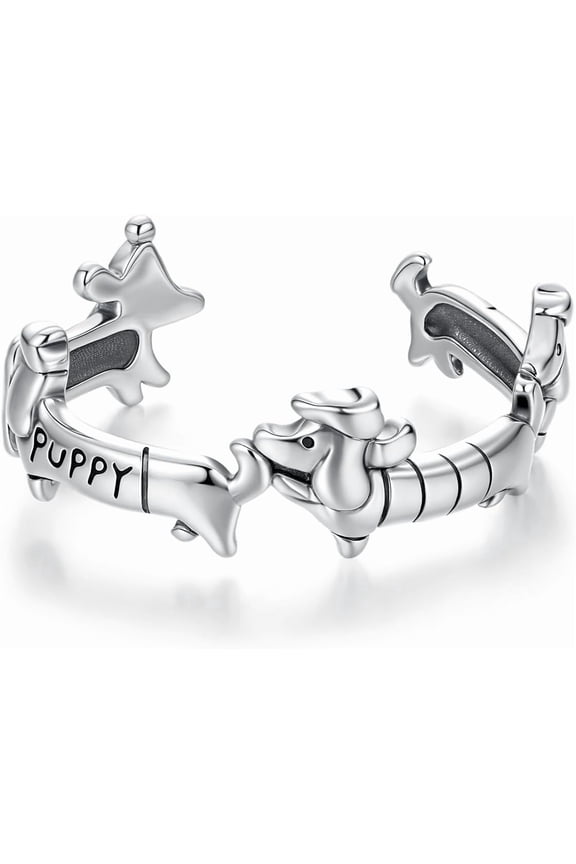Cute Dachshund Dog Stacking Ring 925 Sterling Silver Puppy Animal Pet Adjustable Open Statement Rings Wedding Promise Wrap Finger Bands Dainty Jewelry for Women Daughter