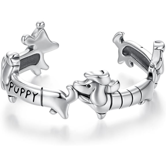 Cute Dachshund Dog Stacking Ring 925 Sterling Silver Puppy Animal Pet Adjustable Open Statement Rings Wedding Promise Wrap Finger Bands Dainty Jewelry for Women Daughter