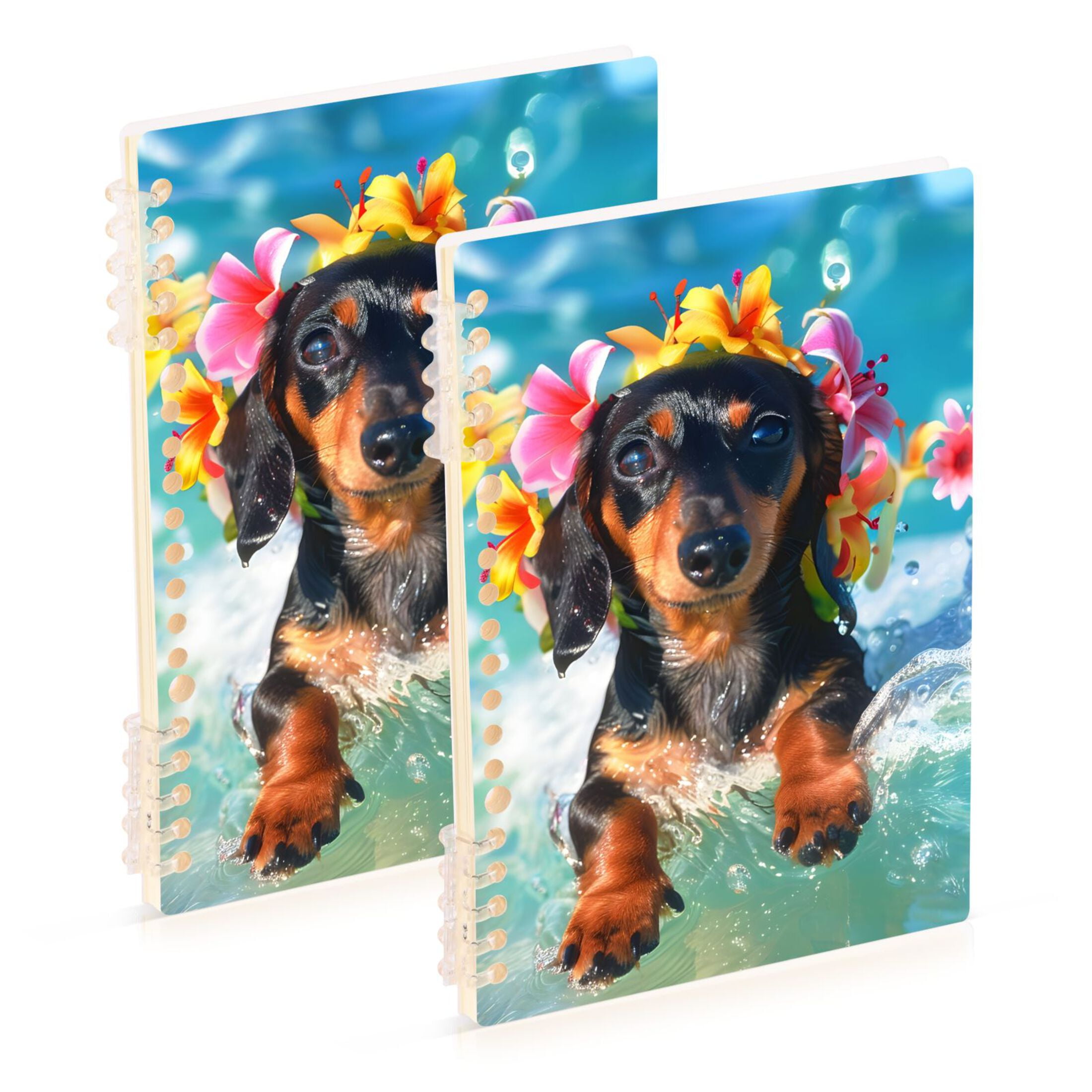 Cute Dachshund Dog Surfing on Wave 2 Pcs Spiral Notebooks 60 Sheets 120 ...